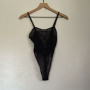 Savage X Fenty Flocked Logo Teddy Sheer Black Bodysuit Teddy Sz Med Women